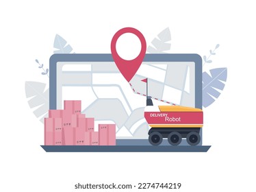 Delivery or logistic service concept. Computer, map, boxes and robot-courier. Vector illustration.