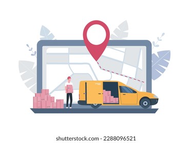 Delivery or logistic service concept. Computer, map, cargo van and courier with boxes. Vector illustration.