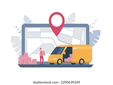 Delivery or logistic service concept. Computer, map, cargo van and courier with boxes. Vector illustration.