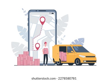 Delivery or logistic service concept. Smartphone, map, cargo van and courier with boxes. Vector illustration.
