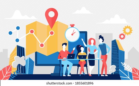Ilustración vectorial del concepto de servicio logístico de entrega. Equipo de dibujos animados de entrega de personal logístico que trabaja con laptop para entregar compañía, seguimiento en línea de antecedentes de tecnología de transporte