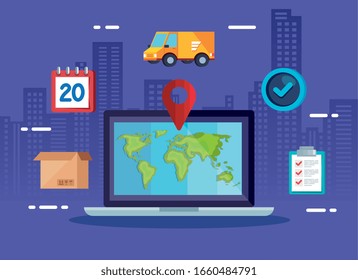 delivery logistic service with laptop and icons vector illustration design