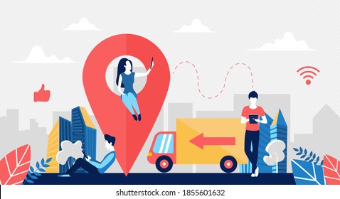 Delivery logistic service vector illustration. Cartoon buyer characters sitting on big city map point marker, buying and ordering online, courier truck van delivering order to home door background
