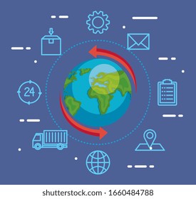 delivery logistic service with world and icons vector illustration design