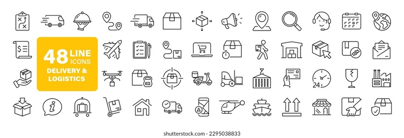 Delivery and Logistic set of web icons in line style. Shipping service icons for web and mobile app. Shipping, logistics, delivery, courier, tracking, refunds and more. Vector illustration