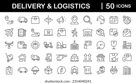 Delivery and Logistic set of web icons in line style. Shipping service icons for web and mobile app. Shipping, logistics, delivery, courier, tracking, refunds and more. Vector illustration