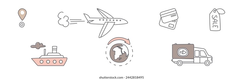 Icono de línea simple de entrega y logística y conjunto de vectores de objetos