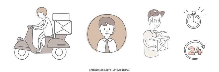 Icono de línea simple de entrega y logística y conjunto de vectores de objetos