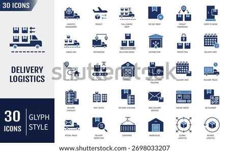 Delivery logistic solid icon set. Containing icons: order tracking, delivery home, warehouse, truck, scooter, courier and cargo and more. Vector illustration