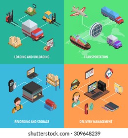 Delivery and logistic square isometric icon set with loading transportation store and delivery management vector illustration