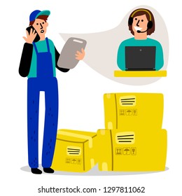 Delivery logistic vector. Delivery man chating with suppost service illustration