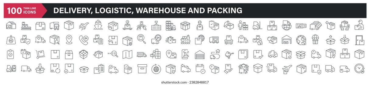 Delivery, logistic, warehouse and packing thin line icons. For website marketing design, logo, app, template, ui, etc. Vector illustration.