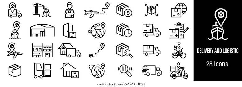Delivery and Logistic Web Icons. Parcel, Worldwide Delivery, Delivery, Courier, Cargo, Cardboard Box. Vector in Line Style Icons