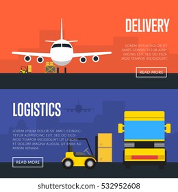 Delivery and logistics banners vector illustration. Forklift truck loading cargo jet airplane and freight truck in airport. Worldwide logistics, delivery transportation, air freight shipping company