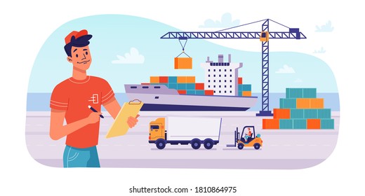 Delivery logistics by ship, parcels shipping loading or unloading in port, vector flat design. Maritime delivery shipment transport, cargo freight logistics, crane loading parcel boxes and containers