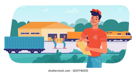 Delivery logistics by train, parcels shipping, loading or unloading by workers, vector flat design. Railway delivery and shipment transport, cargo freight warehouse logistics, boxes loading in train