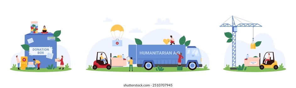 Delivery and logistics of charity non profit organization set. Tiny people donate food and financial help, volunteers load humanitarian aid into truck with forklift cartoon vector illustration
