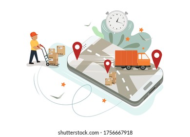 Lieferung logistischer Konzeption mit Smartphone-Bildschirm und Lieferwagen mit Paketen. Vektorgrafik-Konzept