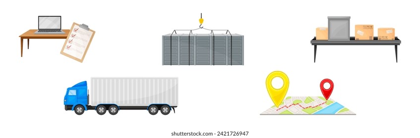 Entrega y logística con contenedor, camión, mapa de navegación y conjunto de vectores del cinturón de transporte