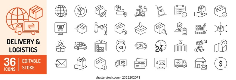  Delivery and Logistics editable stroke outline icons set. Delivery, logistics, cargo, freight, shipping, order tracking, package and shipment. Vector illustration