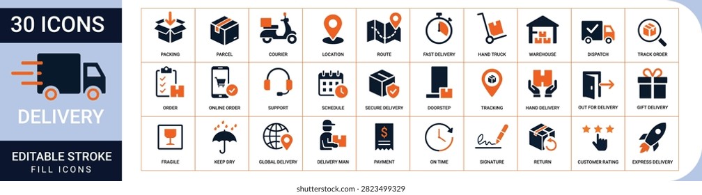 delivery and logistics editable vector icon set with courier parcel warehouse tracking shipping payment express transport flat symbols collection
