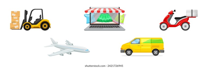 Delivery and Logistics with Forklift, Van, Online Store, Moped and Airplane Vector Set