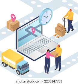 Delivery and logistics, freight transportation, packages shipment isometric vector illustration. 3D warehouse logistics and cargo.