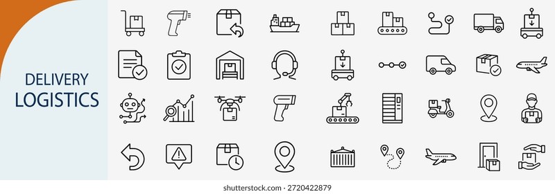 Logística de entrega y gestión global de la cadena de suministro conjunto, iconos vectoriales de esquema