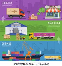 Delivery and Logistics Horizontal Banners with Cargo Ship, Truck, Warehouse, Shop, Forklift and Car Flat Icons. vector illustration