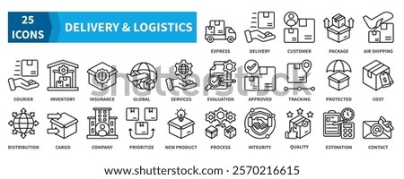 DELIVERY AND LOGISTICS icon collection set. Containing express, delivery, package, courier, customer, distribution icon. Simple black outline vector.