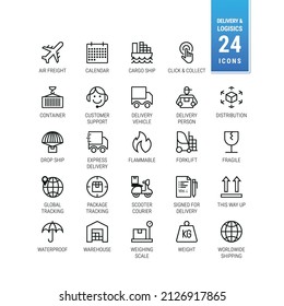 Juego de iconos de entrega y logística. 24 Iconos De Línea Modernos. Símbolos de envío postal, de mensajería y de envío directo. Servicios globales, de distribución de paquetes y paquetes y de envío - escalable, monocasco - vector