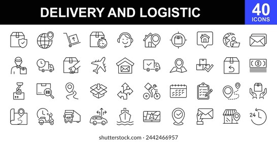 Liefer- und Logistik-Icon-Set. Empfang von Paket und Fracht. Enthält Symbole wie Express-Lieferung, Versandmethoden, Logistik, Kurierdienst, Tracking-Bestellung und vieles mehr. Vektorgrafik