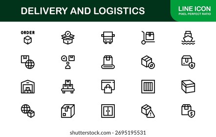 Conjunto de iconos de entrega y logística en estilo de Vector con símbolos de envío, transporte, paquete y cadena de suministro