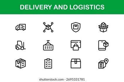 Conjunto de iconos de entrega y logística en estilo de Vector con símbolos de envío, transporte, paquete y cadena de suministro