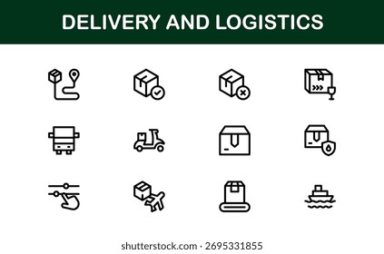 Delivery and Logistics Icon Set in Vector Style Featuring Shipping, Transport, Package, and Supply Chain Symbols