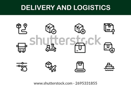 Delivery and Logistics Icon Set in Vector Style Featuring Shipping, Transport, Package, and Supply Chain Symbols