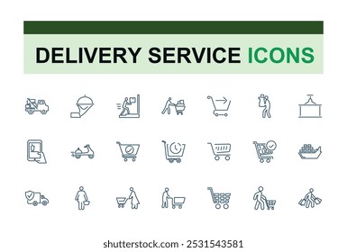 Colección de iconos de entrega y logística. Iconos de línea delgada del servicio de entrega. Barco de carga, caja, stock, pila, camión de entrega, paquete, exportación.
