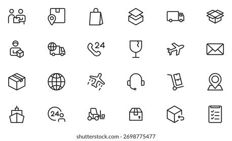 Delivery and logistics icons set. Courier, shipping, express delivery, tracking order, support, business.Thin outline icons pack. Vector illustration