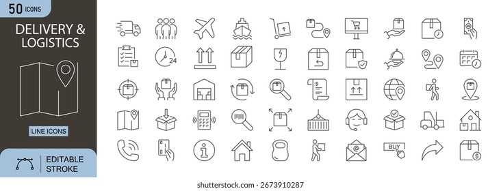 Conjunto de iconos de entrega y logística. Incluye iconos para camión, caja, paquete, carga, envío y almacén. Trazo editable. Iconos de línea. Perfecto para infografías.