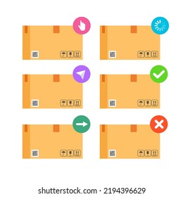 Iconos de logística de entrega. Envase de envío y cajas. Plantilla para páginas web y aplicaciones. Ilustración vectorial en un estilo plano de moda aislado en el fondo blanco.