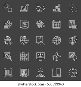 Delivery and logistics icons. Vector collection of thin line logistic minimal signs on dark background