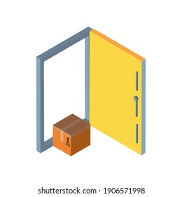 Caja isométrica de entrega y logística frente al diseño de la puerta, transporte marítimo y tema de servicio Ilustración vectorial