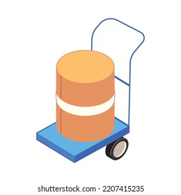 Delivery logistics isometric icon with barrel on trolley 3d vector illustration