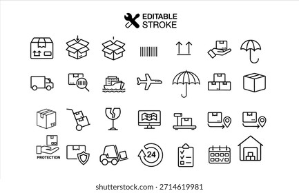 Conjunto de iconos de línea de entrega y logística. Símbolos de transporte de carga y servicio de envío. Paquete de Vector para la industria de carga, comercio electrónico e ilustración de negocios de mensajería.