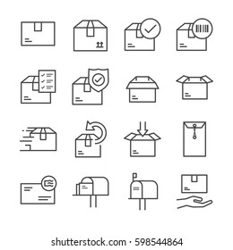 Delivery And Logistics Line Icon Set 2. Included The Icons As Box, Product, Barcode, Mail, Receiver, Packing And More.