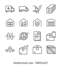 Delivery And Logistics Line Icon Set 3. Included The Icons As Truck, Storage, Box, Warehouse, Cross Border, Global And More.