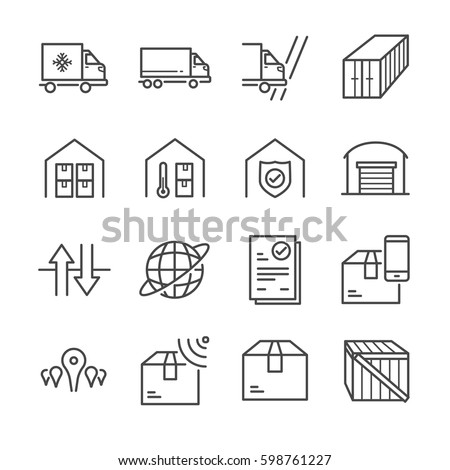Delivery and logistics line icon set 3. Included the icons as truck, storage, box, warehouse, cross border, global and more.