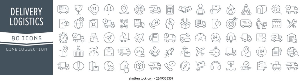 Colección de iconos de línea de entrega y logística. Un gran icono de interfaz de usuario en un diseño plano. Paquete de iconos de contorno delgado. Ilustración del vector EPS10