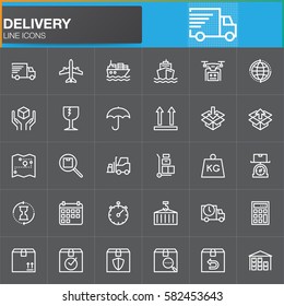 Delivery and logistics line icons set, outline vector symbol collection, linear white pictogram pack. Signs, logo illustration. Set includes icons as shipping, transportation, tracking, parcel, weight