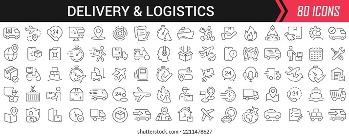 Lineare Icons für Lieferung und Logistik in Schwarz. Die Sammlung großer UI-Symbole in einem flachen Design. Packung mit dünnen Umrissschildern. Große Auswahl an Symbolen für Design